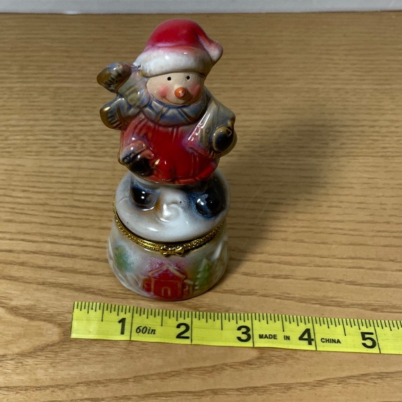 Porcelain Snowman w Song Book Bible Christmas Trinket Ring Box Hinged w Gold - Picture 7 of 8